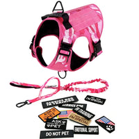 Pink Camouflage Tactical Dog Harness Vest Heavy Duty No Pull Service Dog Training Harness with Elastic Leash & Patches
