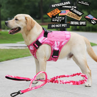 Pink Camouflage Tactical Dog Harness Vest Heavy Duty No Pull Service Dog Training Harness with Elastic Leash & Patches