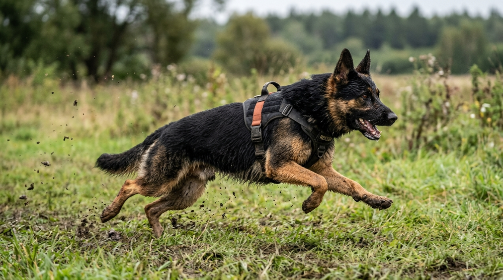 Chien portant le harnais Trail and Co en pleine course