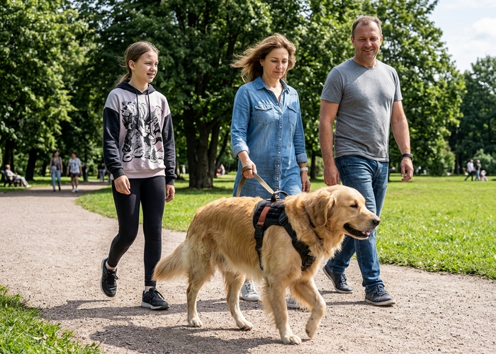 Famille promenant son chien avec le harnais Trail and Co au parc