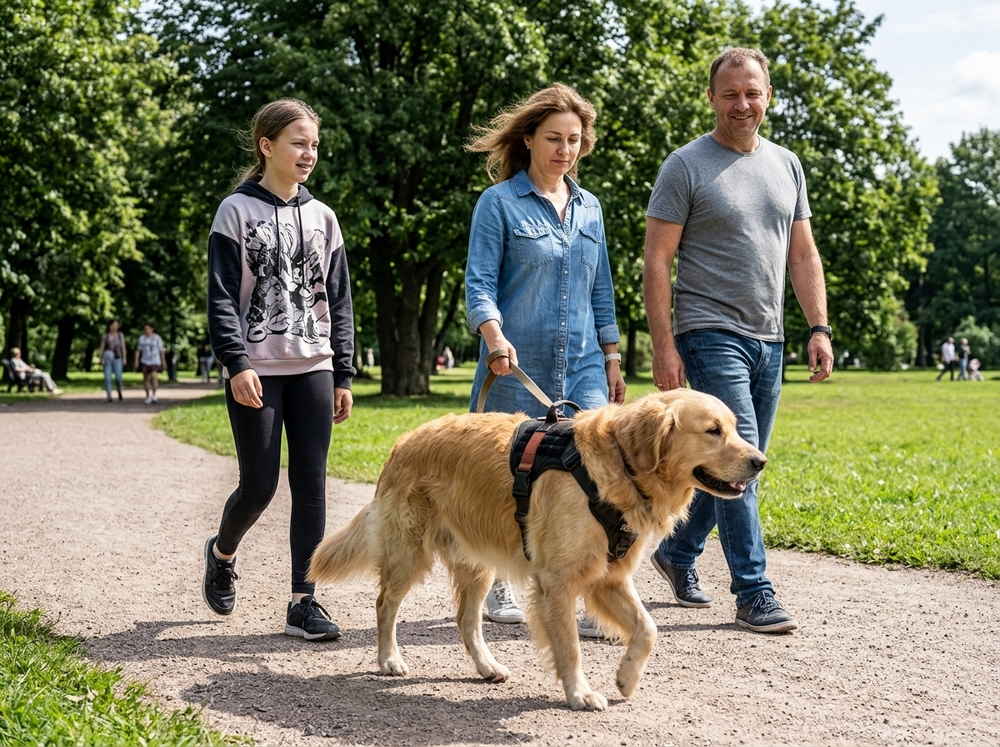 Famille promenant son chien avec le harnais Trail and Co au parc
