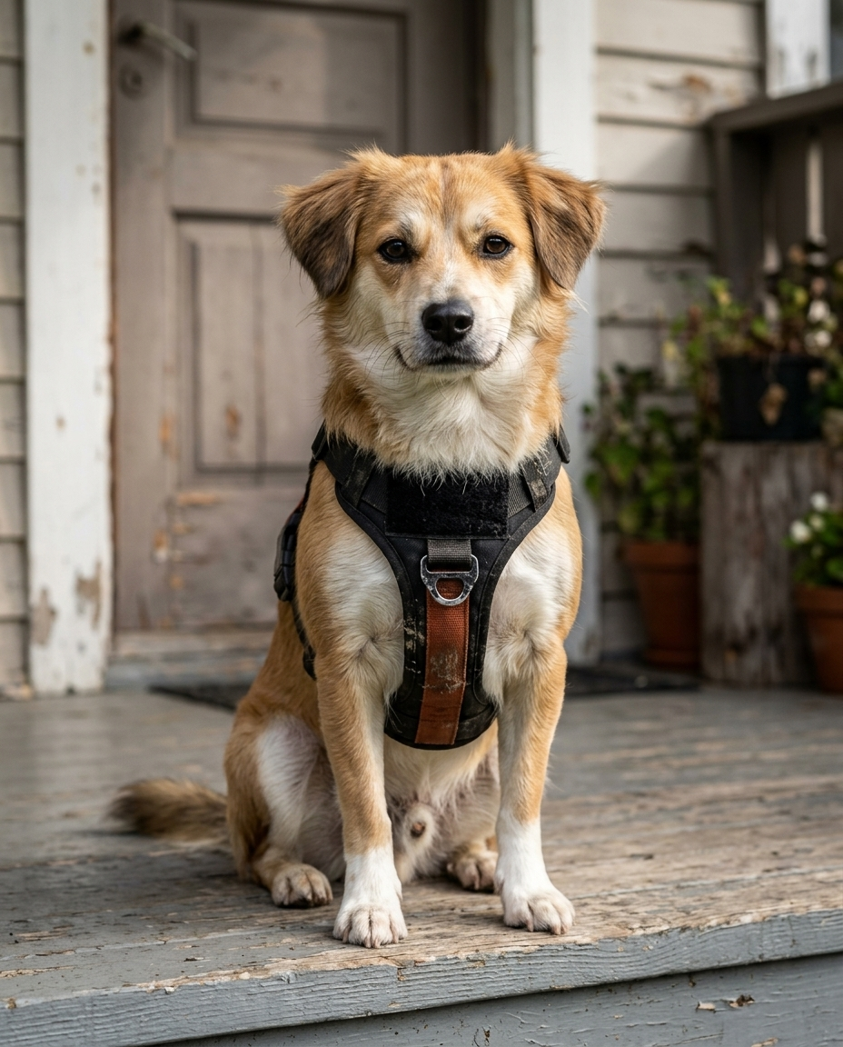 Chien assis devant une maison avec le harnais Trail and Co