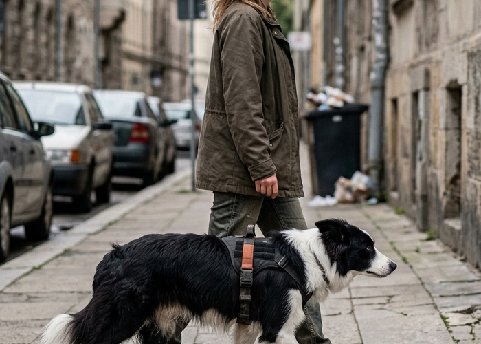 Femme promenant son chien avec le harnais Trail and Co en ville