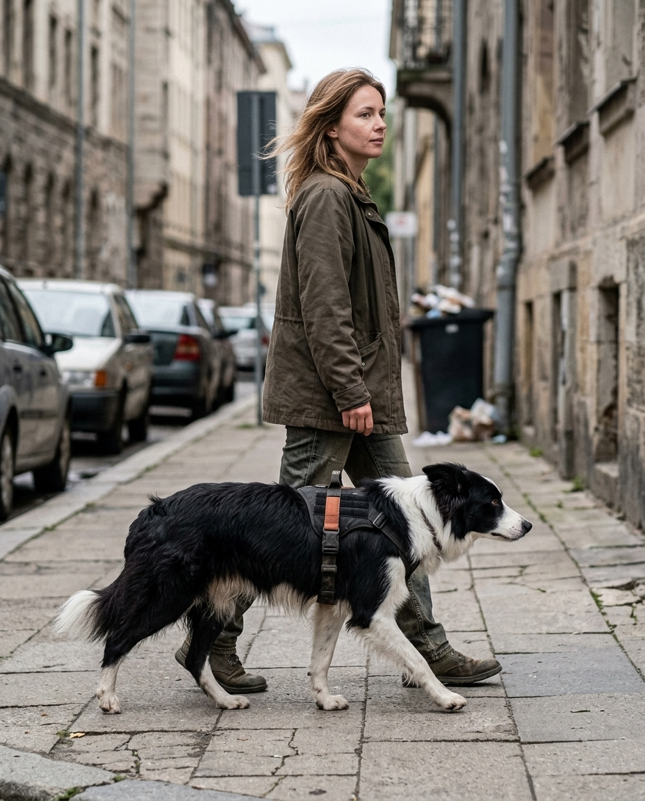 Femme promenant son chien avec le harnais Trail and Co en ville