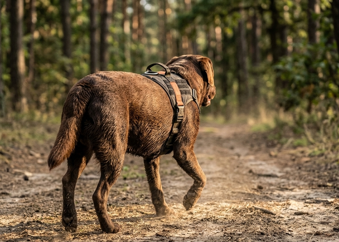 Chien sur un sentier avec le harnais Trail and Co