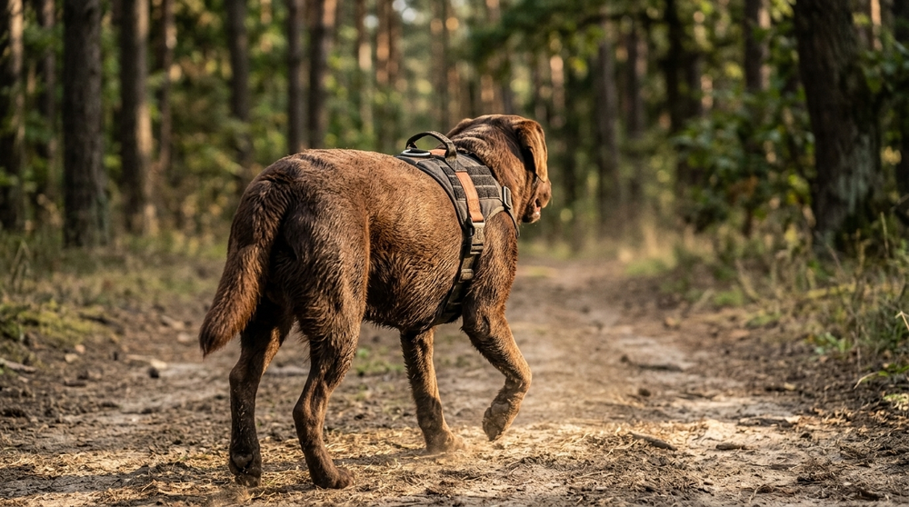 Chien sur un sentier avec le harnais Trail and Co