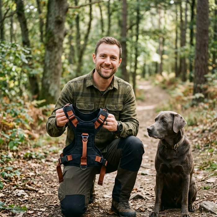 Homme souriant tenant un harnais Trail and Co en pleine nature avec son chien