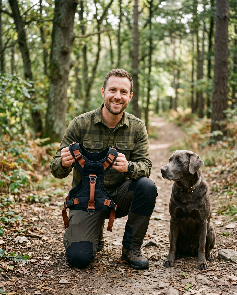 Homme souriant tenant un harnais Trail and Co en pleine nature avec son chien