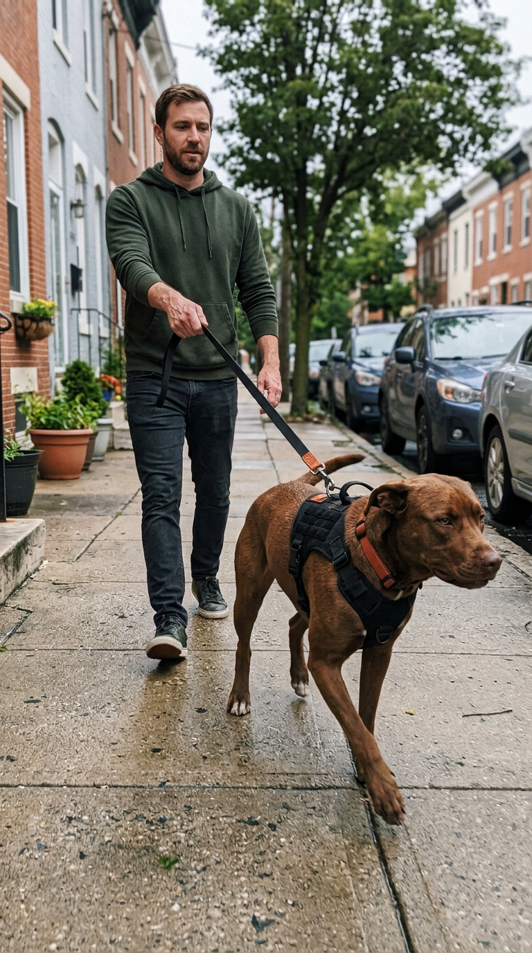 Homme promenant son chien dans la rue avec harnais Trail and Co
