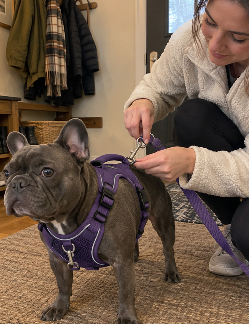 Harnais anti-traction chien - coloris violet, bouledogue français à la maison