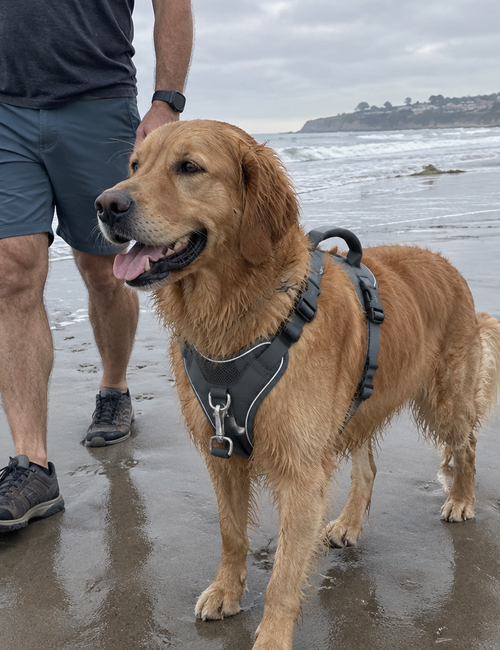 Harnais anti-traction chien - coloris gris, golden retriever à la plage