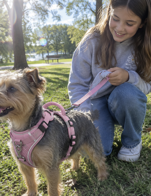 Harnais anti-traction chien - coloris rose, petit terrier au parc