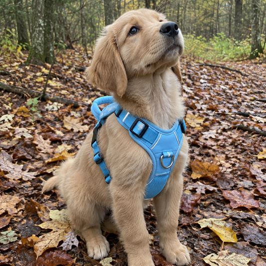 Harnais anti-traction chien - coloris bleu ciel, chiot golden retriever en forêt